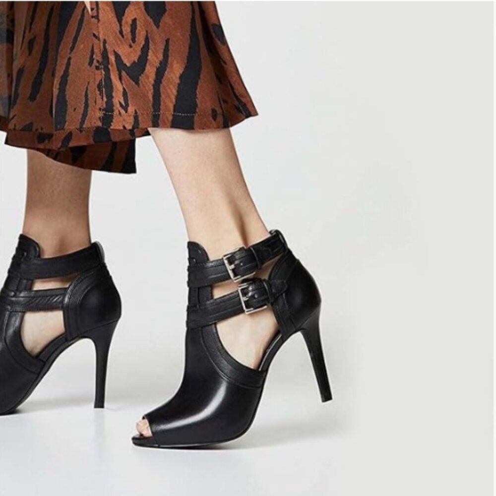 XYD Black Peep Toe High Heels Buckled Double Straps Cutout Ankle Boot Party Shoe